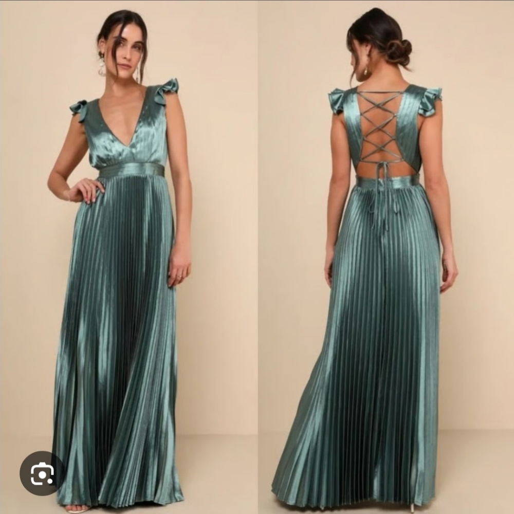 LULUS Exceptional Drama Sage Green Satin Lace-Up Pleated Maxi Dress SIZE MEDIUM